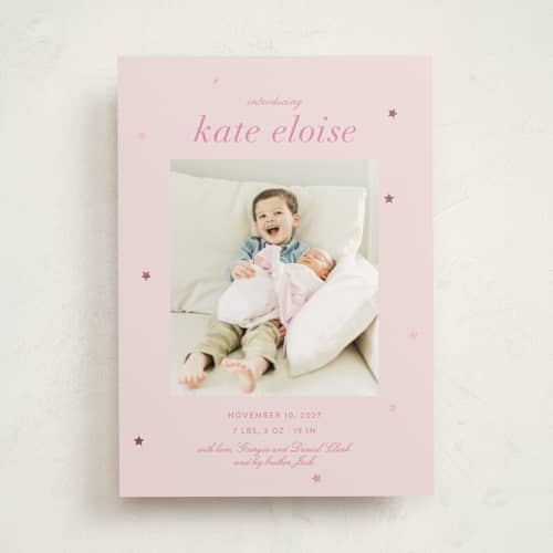 This is a ballet slipper foil stamped birth announcements with foil pressed by Megan Davis called plum perfect printing on recycled smooth signature in standard