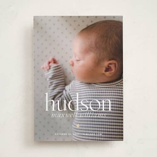 This is a cream foil stamped birth announcements with foil pressed by Vera Lim called tiny star printing on recycled smooth signature in standard