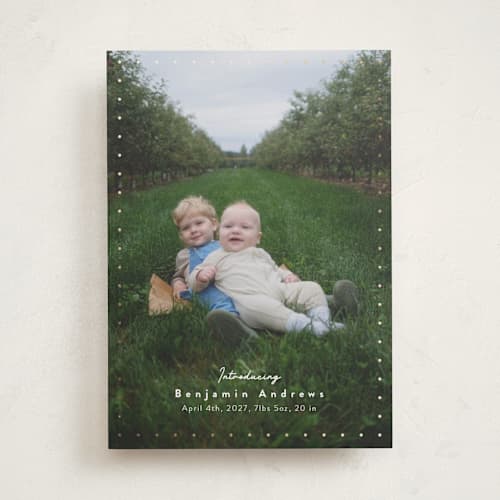This is a oatmeal foil stamped birth announcements with foil pressed by Adelyn T. called twinkle printing on recycled smooth signature in standard