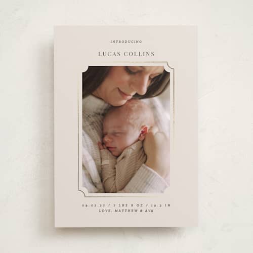 This is a linen foil stamped birth announcements with foil pressed by Cass Loh called tender welcome printing on recycled smooth signature in standard