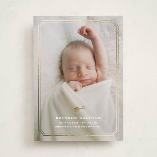 This is a snow foil stamped birth announcements with foil pressed by Creo Study called bevelled printing on recycled smooth signature in standard
