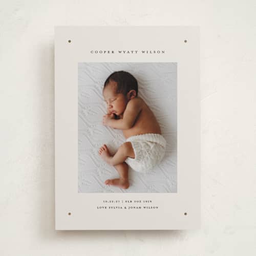 This is a ink foil stamped birth announcements with foil pressed by Kelly Watkins called mini dot printing on recycled smooth signature in standard