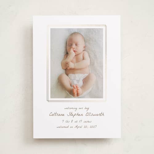 This is a cocoa foil stamped birth announcements with foil pressed by chocomocacino called caufre printing on recycled smooth signature in standard