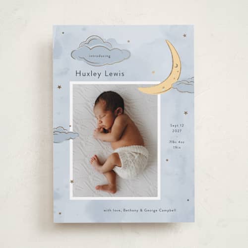 This is a night foil stamped birth announcements with foil pressed by letterfix called sweet dreams printing on recycled smooth signature in standard