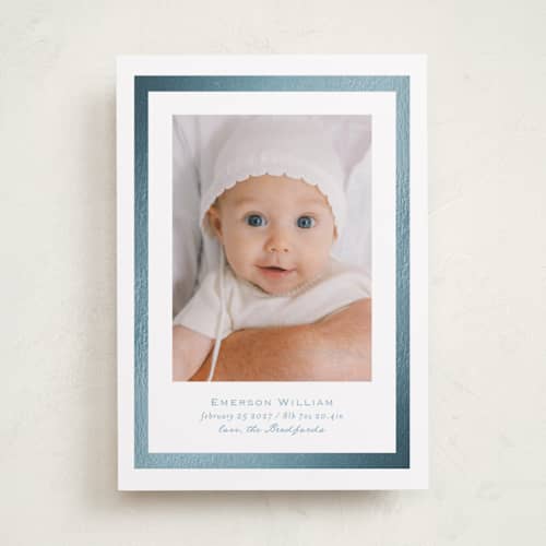 This is a sky foil stamped birth announcements with foil pressed by Tamara Hilje called tiny gild printing on recycled smooth signature in standard
