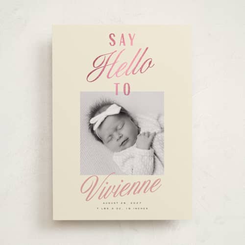 This is a lemonade foil stamped birth announcements with foil pressed by Everett Paper Goods called adeline printing on recycled smooth signature in standard