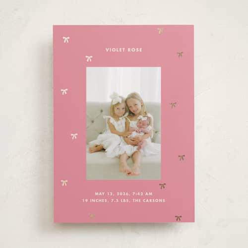 This is a bubblegum foil stamped birth announcements with foil pressed by Baumbirdy called embellished bows printing on recycled smooth signature in standard
