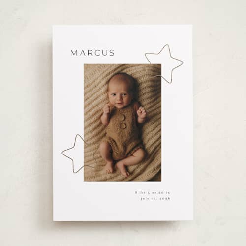 This is a snow foil stamped birth announcements with foil pressed by Iveta Angelova called cute stars printing on recycled smooth signature in standard