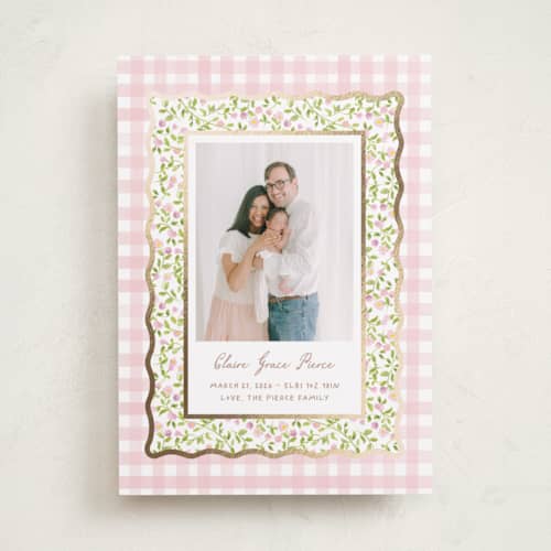 This is a peony foil stamped birth announcements with foil pressed by Creo Study called patio printing on recycled smooth signature in standard