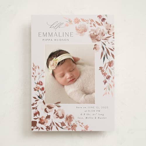 This is a rose foil stamped birth announcements with foil pressed by Nicoletta Savod called grace printing on recycled smooth signature in standard