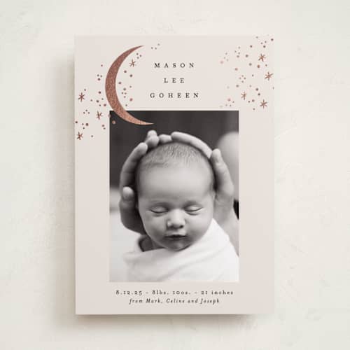 This is a cream foil stamped birth announcements with foil pressed by Alethea and Ruth called crescent moon and stars printing on recycled smooth signature in standard