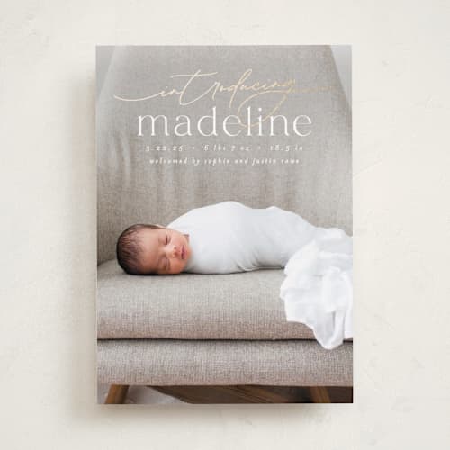 This is a parchment foil stamped birth announcements with foil pressed by Everett Paper Goods called mist printing on recycled smooth signature in standard