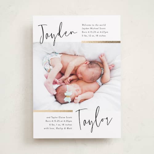 This is a silk foil stamped birth announcements with foil pressed by Pink House Press called double the love printing on recycled smooth signature in standard