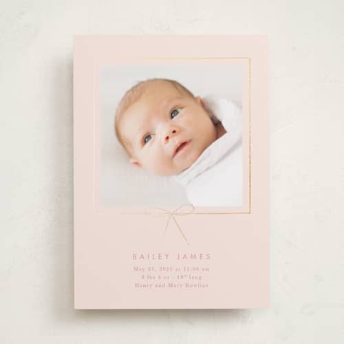 This is a petal foil stamped birth announcements with foil pressed by Baumbirdy called little bow printing on recycled smooth signature in standard