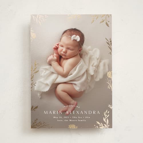This is a sand foil stamped birth announcements with foil pressed by Kate Ahn called sparkling florals printing on recycled smooth signature in standard