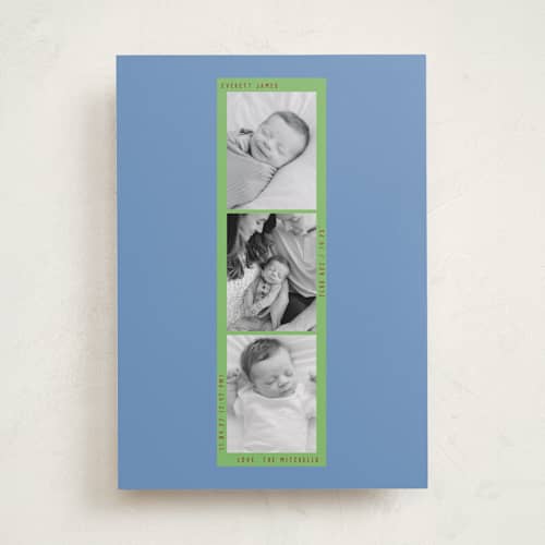 This is a cerulean birth announcements with standard by Baumbirdy called photo booth printing on recycled smooth signature in standard
