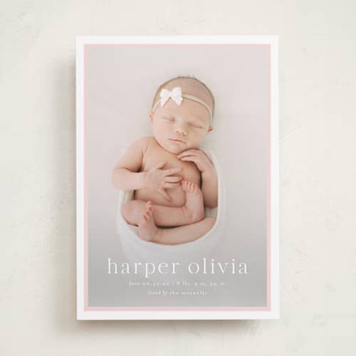 This is a rose birth announcements with standard by Alexandra Cohn called portraiture printing on recycled smooth signature in standard