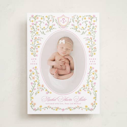 This is a cotton candy birth announcements with standard by Creo Study called cottagecore printing on recycled smooth signature in standard