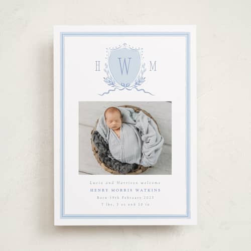 This is a sky birth announcements with standard by Corinne Malesic called crest printing on recycled smooth signature in standard