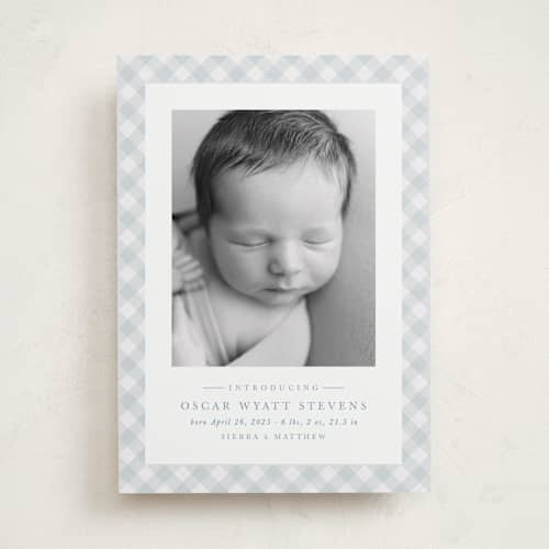This is a sky birth announcements with standard by Lea Delaveris called checked printing on recycled smooth signature in standard
