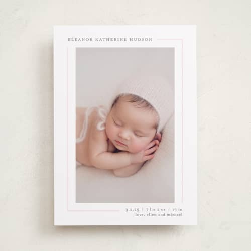This is a blush birth announcements with standard by Lauren Chism called simply serene printing on recycled smooth signature in standard