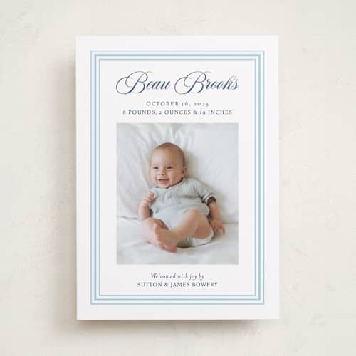 This is a baby blue birth announcements with standard by Alston Foster called little darling printing on recycled smooth signature in standard