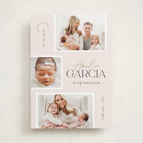 This is a blush birth announcements with standard by Elan Studio called meet our baby printing on recycled smooth signature in standard
