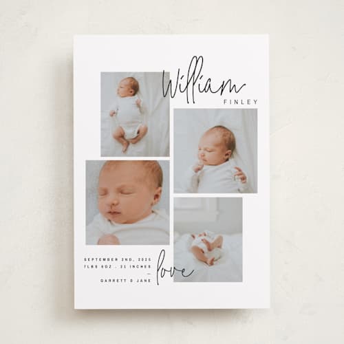 This is a onyx birth announcements with standard by Lindsay Stetson Thompson called overjoyed script printing on recycled smooth signature in standard