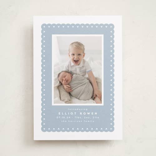 This is a chambray birth announcements with standard by Lea Delaveris called mickey fabric frame printing on recycled smooth signature in standard