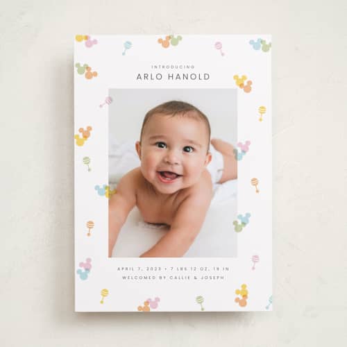 This is a candy birth announcements with standard by Ellen Schlegelmilch called disney's mickey confetti printing on recycled smooth signature in standard