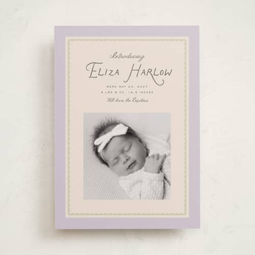 This is a grape birth announcements with standard by Everett Paper Goods called dolce printing on recycled smooth signature in standard