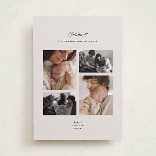 This is a parchment birth announcements with standard by Lea Delaveris called story printing on recycled smooth signature in standard