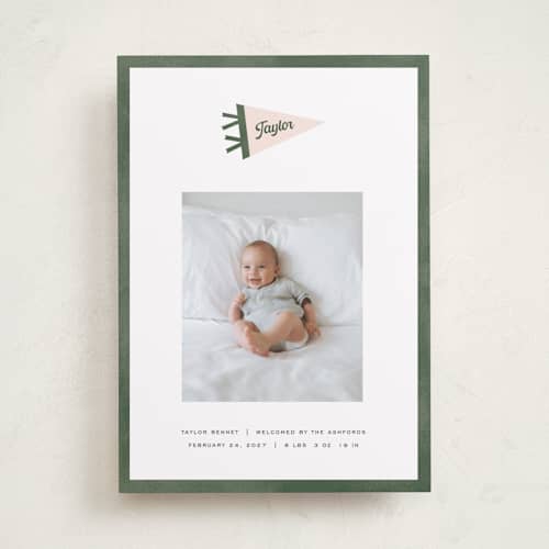 This is a ivy birth announcements with standard by Pixel and Hank called pennant printing on recycled smooth signature in standard