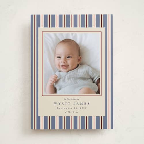 This is a lake birth announcements with standard by Robert and Stella called colorful stripes printing on recycled smooth signature in standard