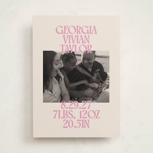 This is a bubblegum birth announcements with standard by Ekko Studio called type stack printing on recycled smooth signature in standard