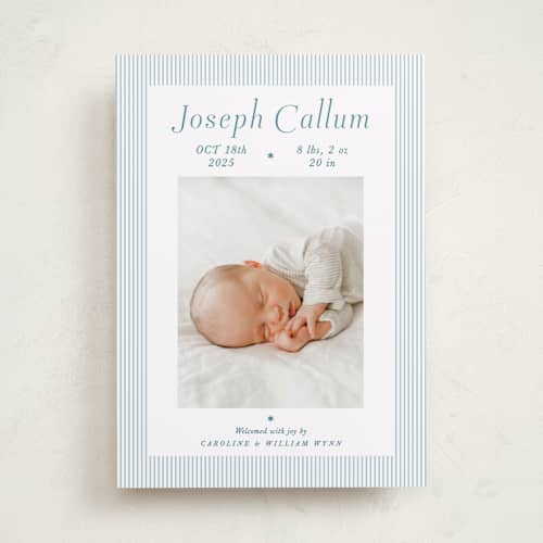 This is a baby blue birth announcements with standard by Alston Foster called sweet stripes printing on recycled smooth signature in standard