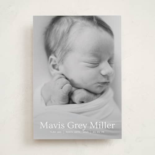 This is a snow birth announcements with standard by Bramble Studio called simple in serif printing on recycled smooth signature in standard
