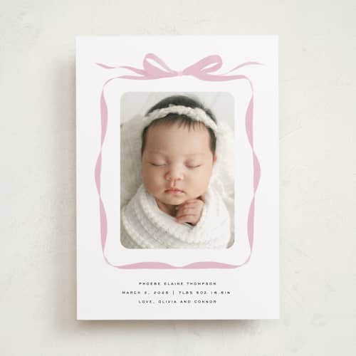 This is a poppy birth announcements with standard by Olivia Kanaley Inman called bow printing on recycled smooth signature in standard