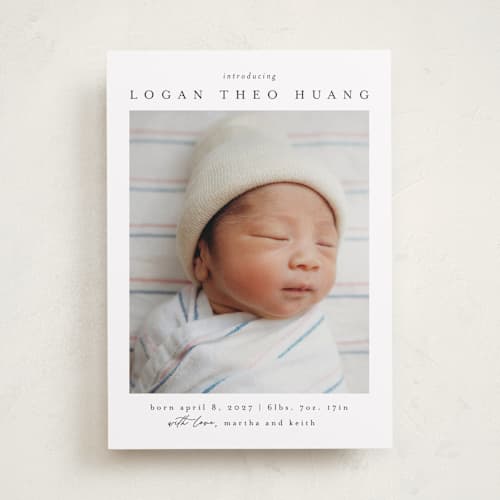 This is a sugar birth announcements with standard by Chris Griffith called frame of happiness printing on recycled smooth signature in standard