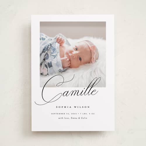 This is a ebony birth announcements with standard by Benita Crandall called the script printing on recycled smooth signature in standard