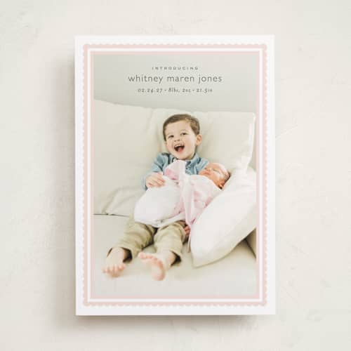 This is a baby blush birth announcements with standard by Carolyn MacLaren called scalloped border printing on recycled smooth signature in standard