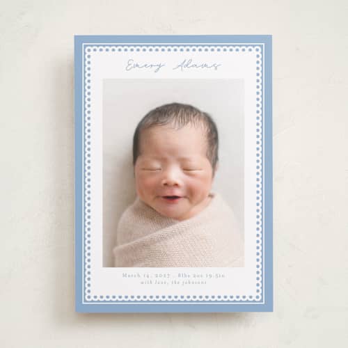 This is a sky birth announcements with standard by Nicole Walsh called stitched frame printing on recycled smooth signature in standard