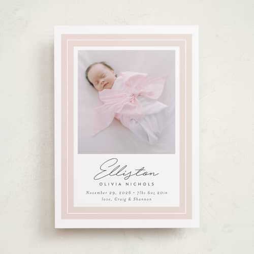 This is a blush birth announcements with standard by Jessica Williams called serene printing on recycled smooth signature in standard