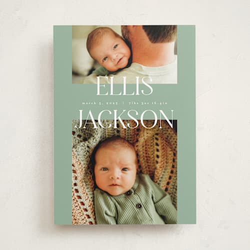This is a aloe birth announcements with standard by Pixel and Hank called double time printing on recycled smooth signature in standard
