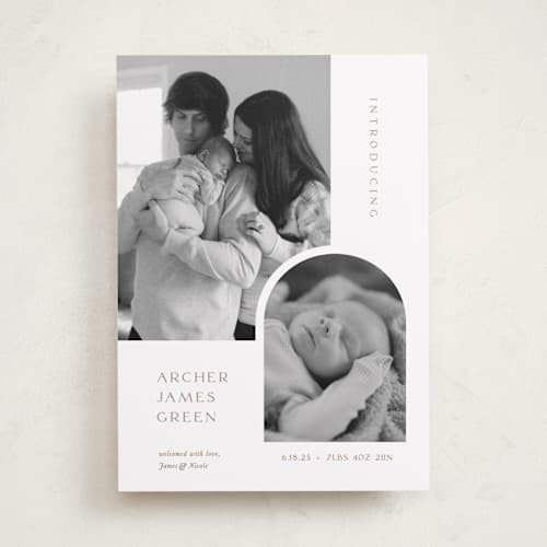 This is a cotton birth announcements with standard by Robin Ott called modern inset printing on recycled smooth signature in standard