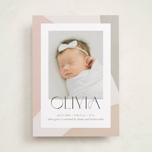 This is a sherbet birth announcements with standard by Pixel and Hank called artful printing on recycled smooth signature in standard