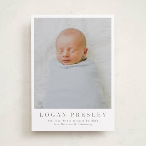 This is a fawn birth announcements with standard by Megan Davis called menil printing on recycled smooth signature in standard
