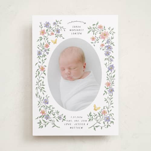 This is a garden birth announcements with standard by Grae called tiny flowers printing on recycled smooth signature in standard