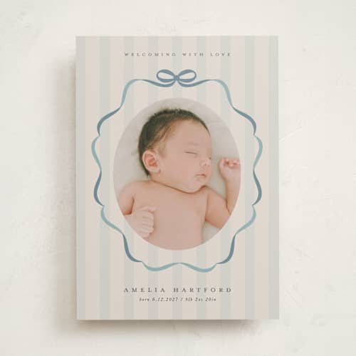This is a lagoon birth announcements with standard by Lori Wemple called bows and stripes printing on recycled smooth signature in standard