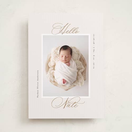 This is a sand birth announcements with standard by Gwen Bedat called sweet stripes printing on recycled smooth signature in standard